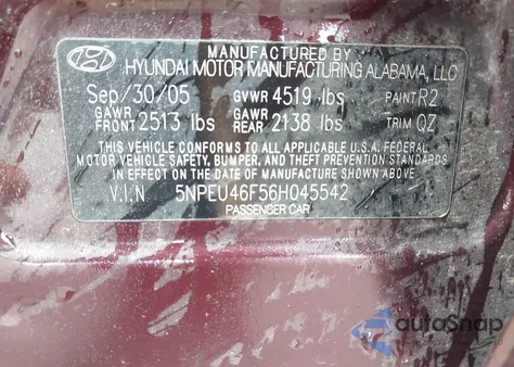 2006 Hyundai Sonata Gls V6/Lx V6 from USA, damaged, VIN 5NPEU46F56H045542